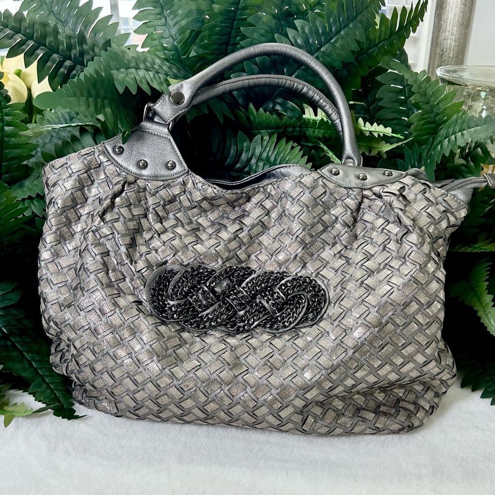 Elegant Silver Woven Handbag